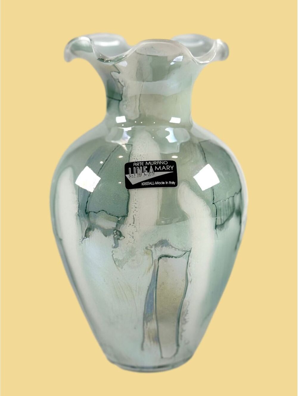 Vintage Italian Murano Linea Mary Art Glass Vase Sage Green Iridescent Ruffle